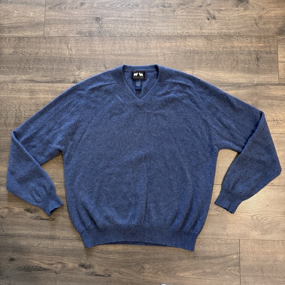 Woods‎ & Gray Mens L 100% Cashmere Pullover Sweater Blue V Neck Preppy Academia